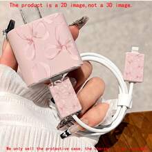 4pcs 2D Flat Design Soft Pink Bow Pattern Phone Charger Protector Set Pink Charger Protector + Cable Protector + Storage Rope (Protector Only. Charger Not Included), Compatible With IPhone 20W/18W Charger - Multicolor - View 1