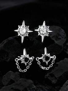 1 Pair Starburst, North Star Stud Earrings, Minimalist Chain Earrings, Unisex Edgy Punk Earrings, Versatile Accessory For Stylish Outfit - Silver - View 1