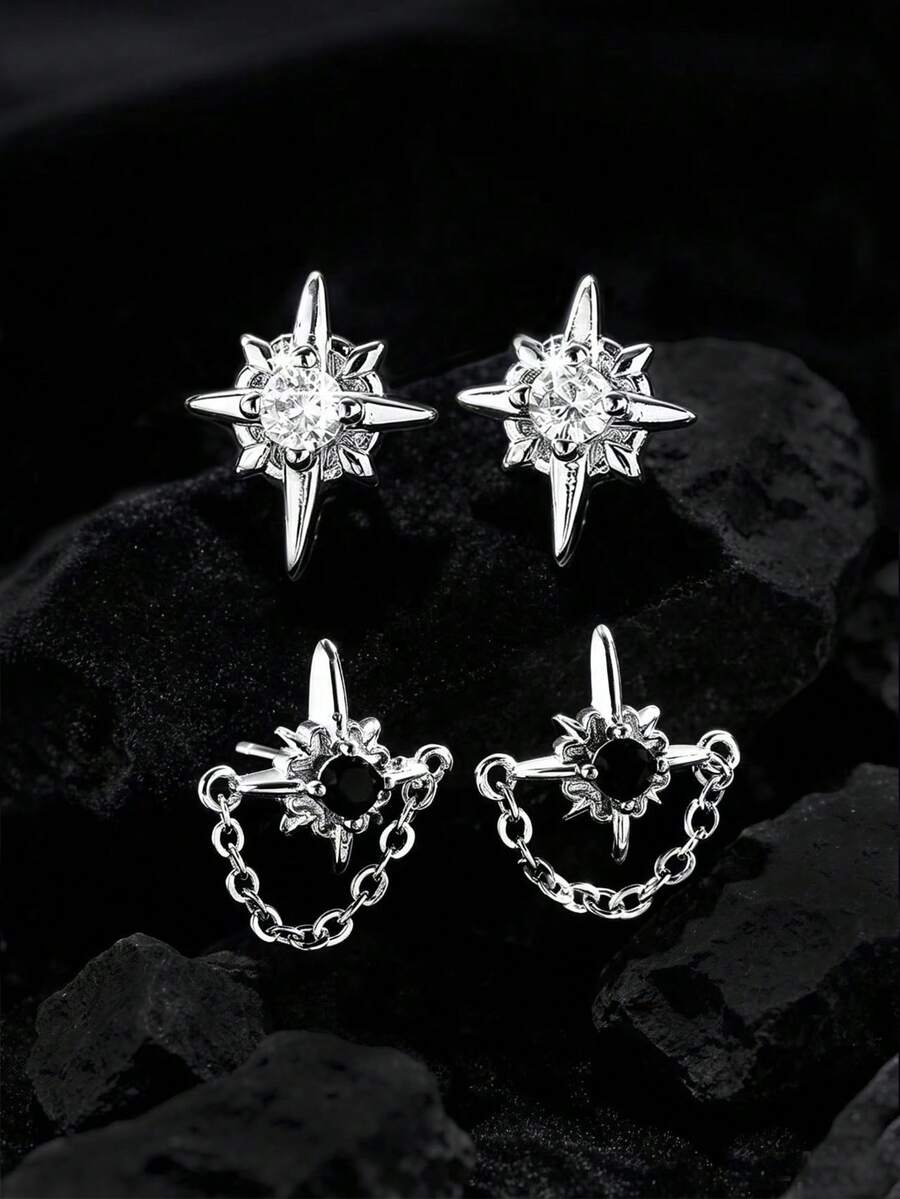 1 Pair Starburst, North Star Stud Earrings, Minimalist Chain Earrings, Unisex Edgy Punk Earrings, Versatile Accessory For Stylish Outfit - Silver - View 1