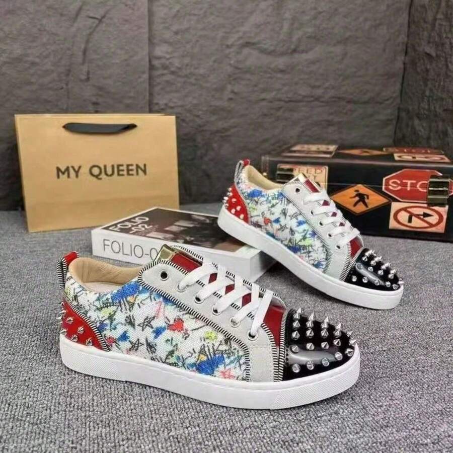 Men's Casual Sneakers With Studs And Rhinestones Retro Rock Style Platform Shoes For Men And Women CL Studded Shoes - 白紅 - 查看 1