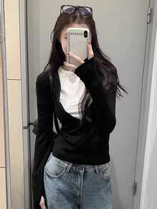 Women's American Unique Zipper Design Jacket, Korean Style Hot Girl Slimming 2 In 1 Top, Autumn - Black - View 5