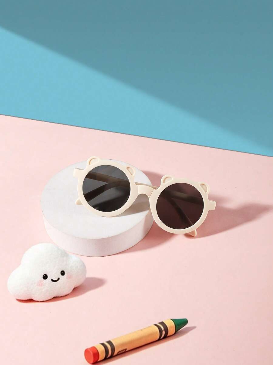 1 PC Boys Girls 3-8Y, Foldable Bear Ear Round Frame, PC Material, Cute Cartoon Style Kids Glasses, Summer Daily Travel Party With Glasses Box - Multicolor - View 1