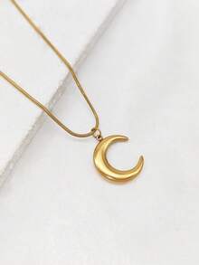 1pc Vintage Stainless Steel Oil-Pressed Moon Pendant Necklace, 18K Gold Stainless Steel Material, Niche Design Titanium Steel Clavicle Chain, High-End Women's Necklace - Yellow Gold - View 2
