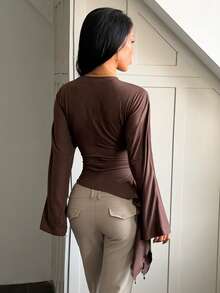 Women's Round Neck Long Sleeve T-Shirt, Asymmetrical Ruffle Side Tie Waist, Slim Fit, Cropped Top - Brown - View 5