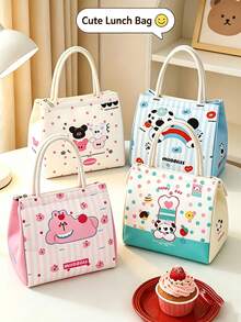 1pc Japanese Cute Style Animal Print Handheld Lunch Bag, Woven Handle, Adorable Pet Pattern, Thickened Inner Layer Insulation, Portable For Students, Office, Picnic, Outdoor, Daily Use, All Seasons, Back To School, Christmas Gift - Multicolor - View 3