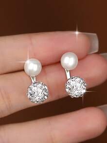 jealous young 1pair High-End Unique Faux Pearl & Cubic Zirconia Ball Drop Earrings, Elegant 2-In-1 Detachable Jewelry For Banquet, Party, Birthday Gift & Daily Wear - Silver - View 5