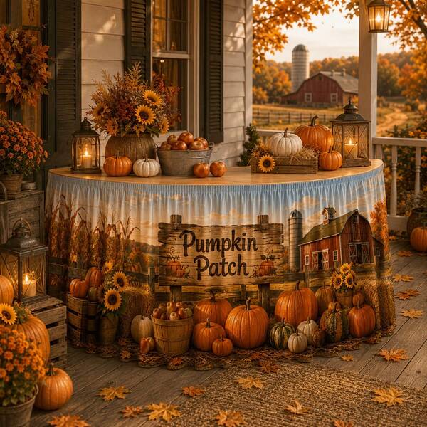 1pc Pumpkin Patch Farm Barn Sunflower Maple Leaf Haystack Autumn Harvest Table Skirt, Thanksgiving Farmhouse Dining Party Decoration