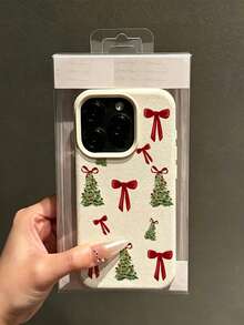 Fashionable Cute Christmas Beige Litchi Texture Red Bow Christmas Tree Pattern Phone Case, Compatible With IPhone18/18Pro/18ProMax/17/17Pro/17ProMax/16/16Pro/16ProMax/15/14/13/12/11 - Beige - View 4