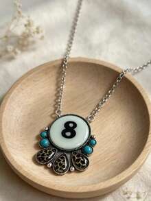 1pc Vintage Bohemian Style Leopard Print Faux Turquoise Pendant Necklace, Western Cowboy Jewelry Gift Suitable For Women's Daily, Party, Travel Wear - Silver - View 4