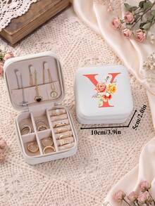 復古花卉字母旅行小珠寶盒，適用於項鍊與戒指，3.9in*2in PU皮革白色珠寶收納盒，適合女性，理想的節日禮物 - Floral Initials - 查看 23