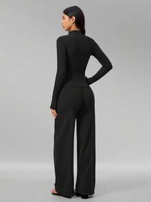 MFVIM Women's Versatile Yoga Set, Soft Skin-Friendly Fitted Jacket + Wide Leg Casual Versatile Pants - Premium Black - View 10