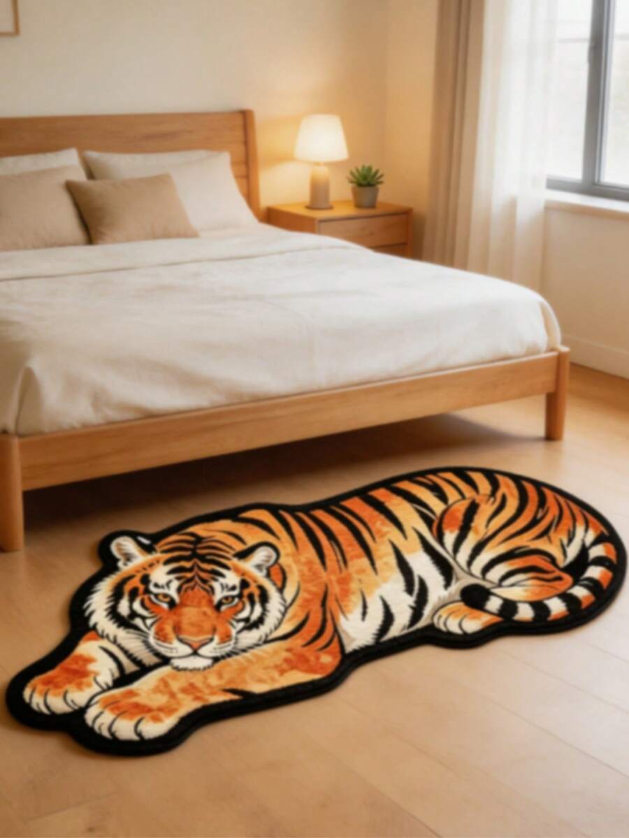 1pc Brown Tiger Shaped Faux Cashmere Rug, Thickened Carpet, Thick Carpet, Furry Carpet, Autumn/Winter Carpet, Thickened Carpet, Decorative Carpet, Bedroom Decor, Small Rug, Carpet, Home Decor, Living Room Carpet - Multicolor - View 1