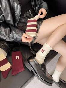5 Pairs New Angola Red Mid-Calf Socks, Breathable And Moisture-Wicking, Unisex, Suitable For Christmas And Autumn - Multicolor - View 2