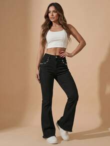 pthirillo Women Jeans - Rhinestone and Pearl Floral Trio Bag - View 7