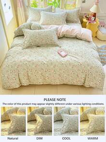 2/3pcs Cotton Floral Bedding Set, Soft & Breathable, Green, Duvet Cover & Pillow Case, Suitable For Double/Queen/King Size Bed, All Season, Home Decor, Bedding Gift, Machine Washable - Multicolor - View 5