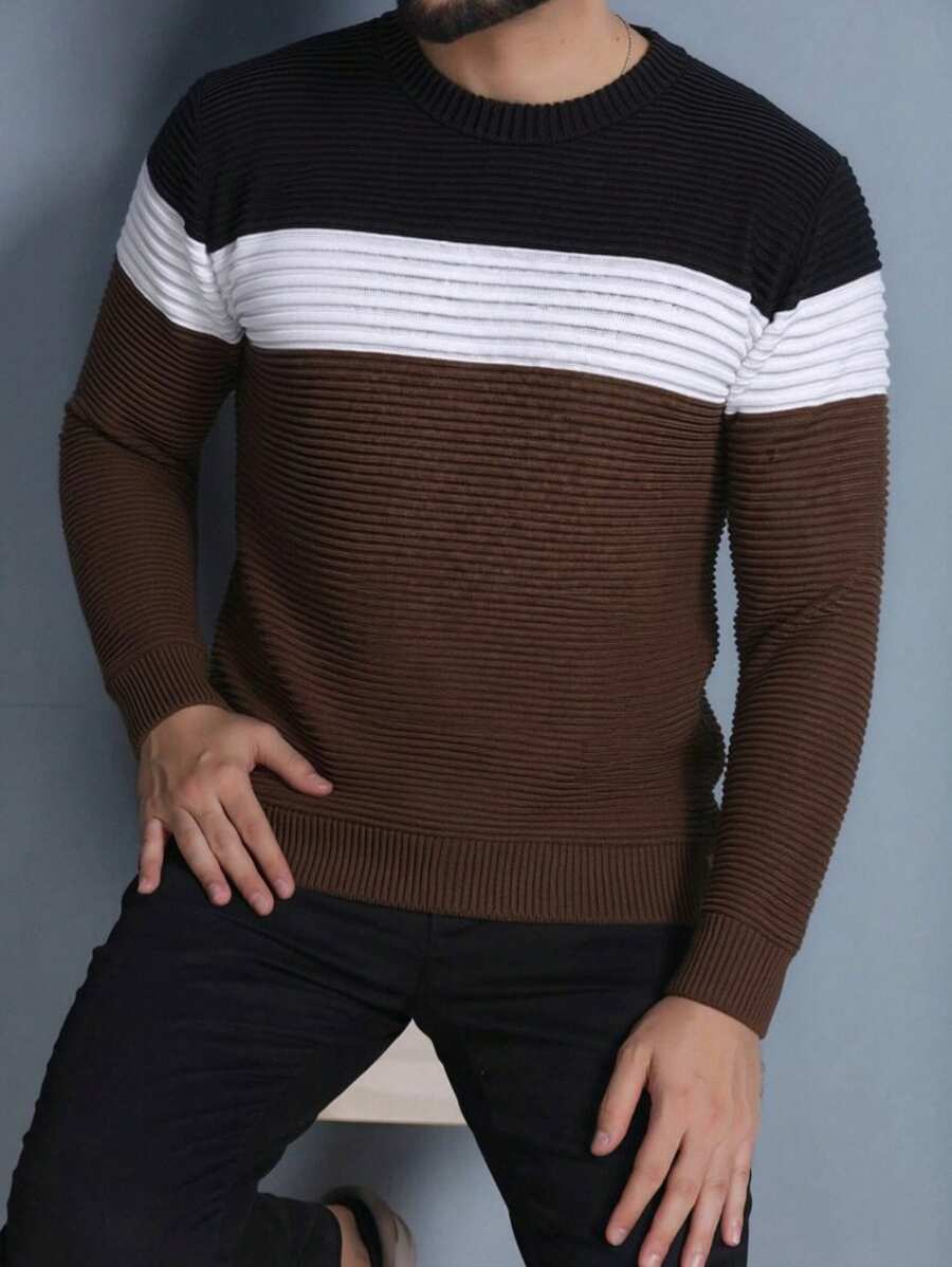 Men's Knit Sweater Crew Neck Long Sleeve Wool Pullover - 棕色 - 查看 1