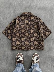 Men's Fashion New 3D Floral Jacquard Fabric Random Cut, Classic Cuban Collar Design, Summer Casual Relaxed Daily Commute Thin Lightweight Vacation Versatile Short Sleeve Shirt - Coffee Brown - View 3