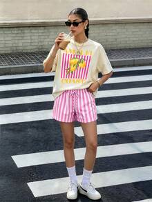 Setelan Kaos dan Celana Pendek Bergaris Motif Lemon Kasual Musim Panas untuk Wanita Ukuran Besar yang Elegan - MultiWarna - View 3