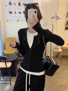 Women's American Unique Zipper Design Jacket, Korean Style Hot Girl Slimming 2 In 1 Top, Autumn - Black - View 6