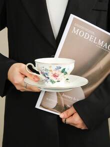 1pc Elegant Large Cup & Saucer Set, Floral Pattern Design, Suitable For Home, Restaurant, Cafe, Club Use - Multicolor - View 2