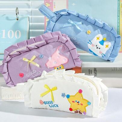 1pc, Lace Star Pencil Case, Bow Rabbit Decoration Sweet And Cute, Large Capacity Storage For Pencils, Rulers, Erasers, High Aesthetic Value, Dirt-Resistant And Easy To Clean, Suitable For Students' Daily Use, For Classroom Learning, Exam Carrying And Desktop Stationery Organization And Storage