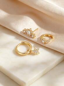 3pcs Cubic Zirconia Star Pendant Earrings Set, Suitable For Women's Dating, Party, Music Festival - Yellow Gold - View 3