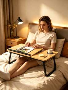 Foldable Bedside Desk, Adjustable‑Angle Tabletop, Equipped With Baffles And Cup Slots, Lightweight And Portable, Stable Support Frame, For Working And Reading In Bed, Multi‑Purpose For Home And Dormitory Use - Multicolor - View 2
