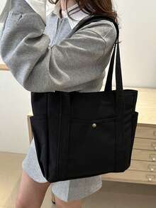 1pc Solid Color Versatile Tote Bag, Square Shape With Side Double Pockets, Contrast Color, Large Capacity Multi-Compartment Khaki Thickened Canvas Bag, Commute Storage Handbag Shoulder Bag, Student Work Shopping Canvas Bag - Multicolor - View 7