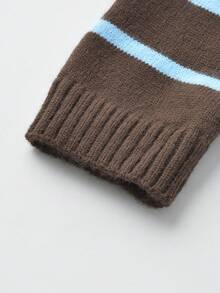 女款條紋對比色針織開襟衫 秋冬新款韓式簡約長袖百搭毛衣外套(隨機條紋) - 咖色 - 查看 9