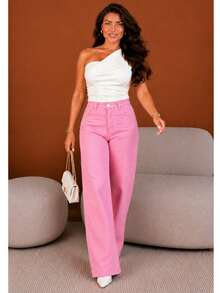 BNB WOMEN'S WIDE LEG JEANS PREMIUM HIGH-WAISTED FLARE PANTS - 泡泡糖粉紅 - 查看 2