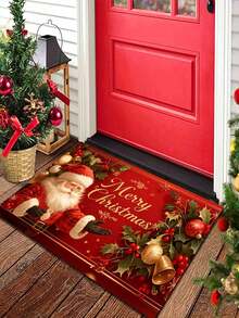 1pc Santa Claus Christmas Mat With "Merry Christmas" Text, Christmas Bathroom Decor, Rectangular Design With Holiday Decoration, Suitable For Home Decor, Machine Washable, Christmas Decoration, Holiday Decor, Indoor/Outdoor Use, Christmas Floor Mat - A - View 1