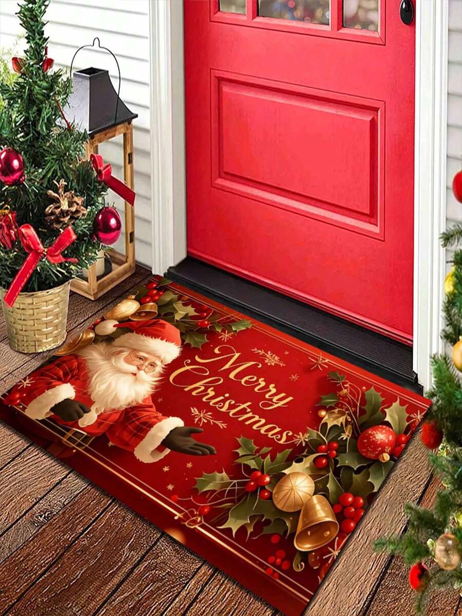 1pc Santa Claus Christmas Mat With "Merry Christmas" Text, Christmas Bathroom Decor, Rectangular Design With Holiday Decoration, Suitable For Home Decor, Machine Washable, Christmas Decoration, Holiday Decor, Indoor/Outdoor Use, Christmas Floor Mat - A - View 1