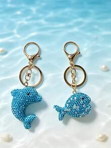 Full Rhinestone Blue Dolphin Keychain, Cute Crystal Fish Bag Charm, Car Key Pendant Accessories For Women - Blue - View 11