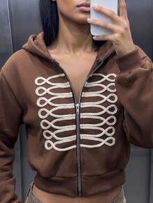 Hoodie Wanita Kasual Bahan Fleece dengan Resleting dan Pita Napoleon, Ukuran Besar, Cocok untuk Aktivitas Sehari-hari di Musim Gugur & Musim Dingin, dan untuk Keluar Rumah - Kopi hitam - View 2