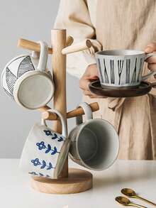 1pc Handmade Coarse Ceramic Coffee Cup Set, Ceramic Cup + Wooden Coaster, Suitable For Home, Office, Cafe Use, Great Gift Choice - Multicolor - View 11