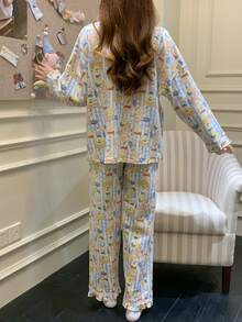 2pcs/Set Women's Pajamas Loungewear Set, Lapel Lace Patchwork Cute Pattern Print Cardigan Long Sleeve Pants, Easy Care Fabric - Multicolor - View 3