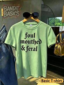 100% Cotton Crop Top T-Shirt With Gothic Lettering Foul Mouthed  , On Wooden Hanger, Glasses, Blue Jeans, Indoor Staircase, Vacation Outfitswomen - 基礎T-綠色 - 查看 1