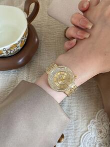 1件女款金色石英手錶，精緻復古奢華風，適合日常佩戴、送禮、休閒派對與宴會 - 金色 - 查看 4