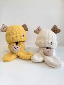 2pcs Cute Bear Decor Baby Plush Knitted Hat Set, Soft Fluffy Warm Toddler Winter Knitted Headwear, Sweet Children Cold Weather Outfit Accessory - Bear 2-piece Set - View 8
