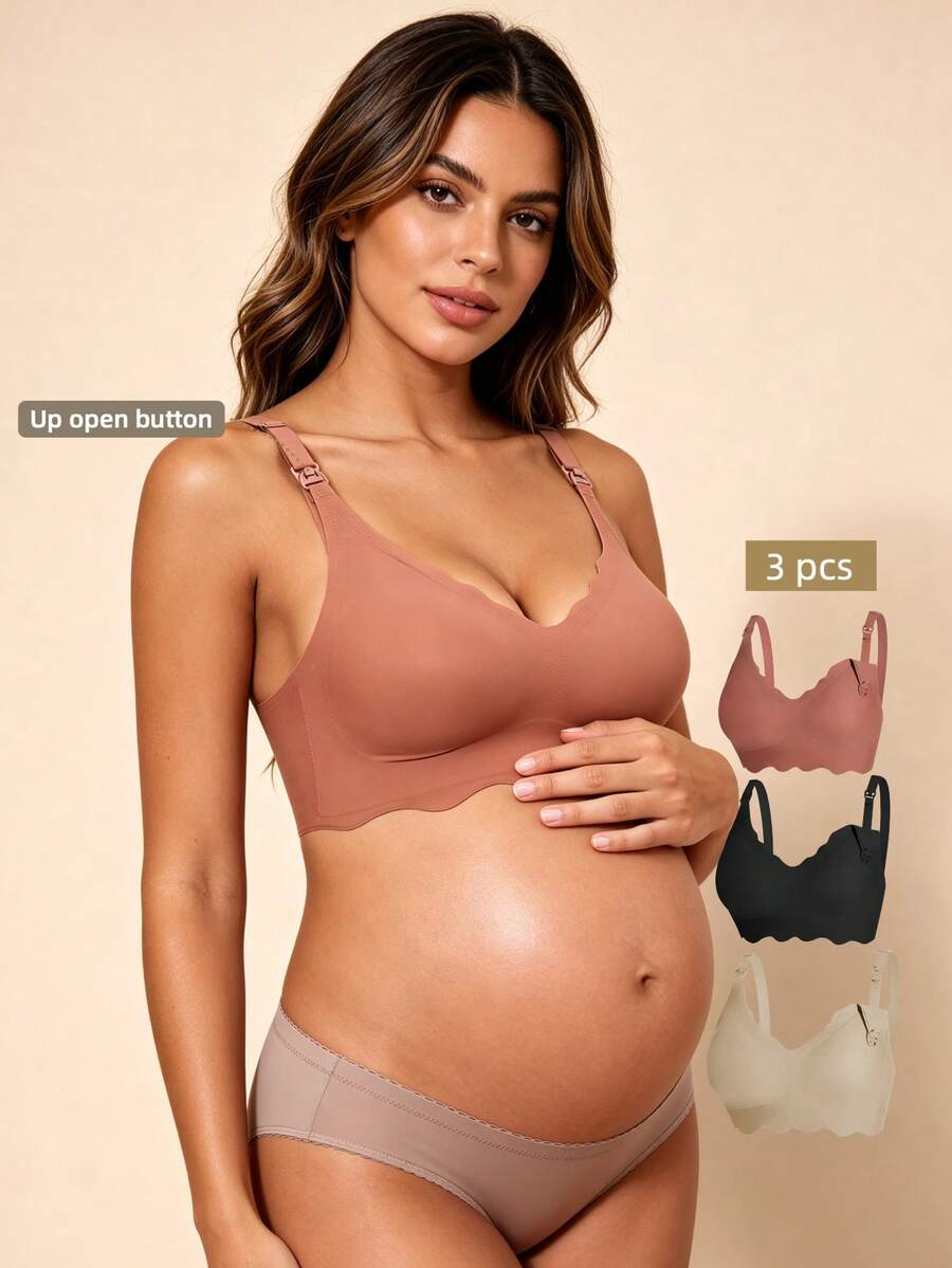 Hart & Haze 3pcs Maternity & Nursing Bras, Seamless V-Shaped Front Hook Closure Bra For Breastfeeding, Comfortable & Supportive For All Seasons - Multicolor - View 1