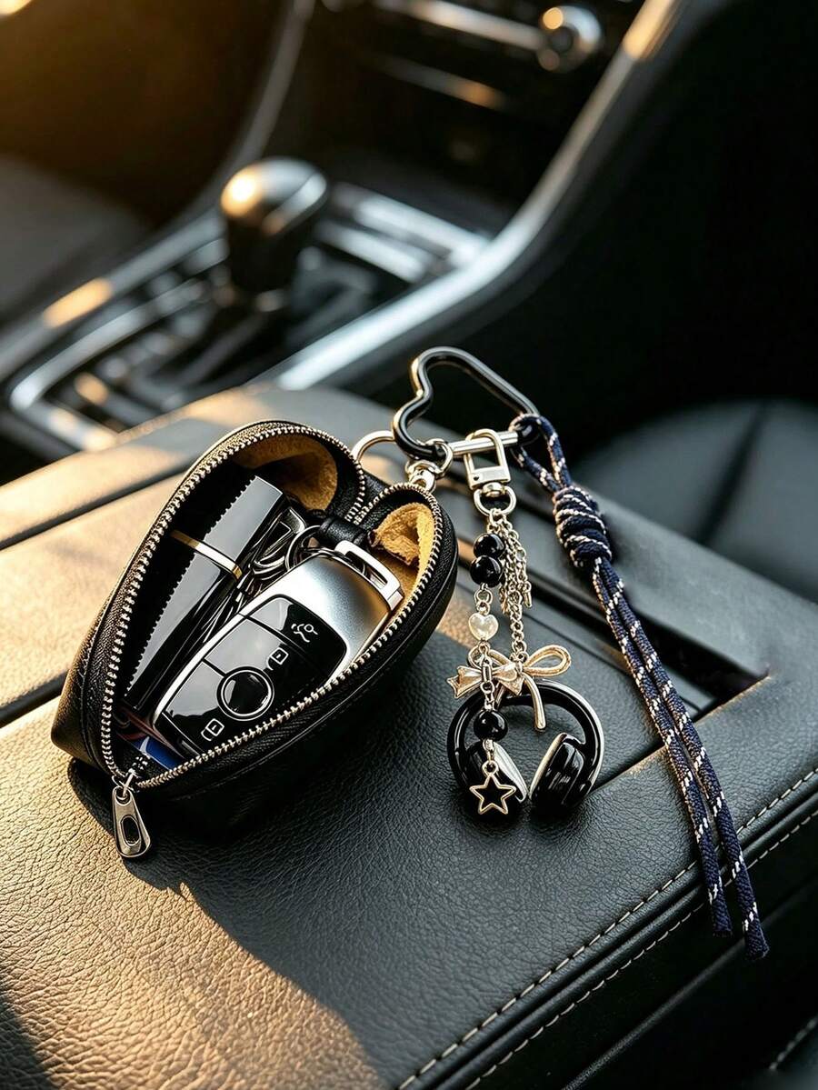 Y2K Style Mini Car Key Pouch, Cute Heart-Shaped Hook Key Wallet With Earphone Pendant And Lanyard, Durable PU Leather Zipper Key Bag; Mini Coin Purse For Car Keys, Earbuds, Lipstick. Suitable For School/Work/Office/Daily Use, Unique Birthday Gift, Teacher Gift, Party Gift, Holiday Gift; College Students Back To School Essential - One Size - View 1