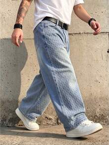 Quần jeans nam ống rộng suông rộng, màu xanh nhạt, in họa tiết tổ ong toàn thân, thiết kế ngách oversized phong cách Y2K hip hop streetwear denim - Rửa nhẹ - Xem 1