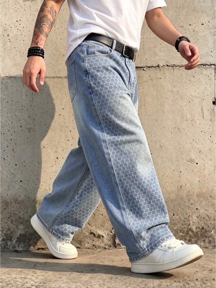 Quần jeans nam ống rộng suông rộng, màu xanh nhạt, in họa tiết tổ ong toàn thân, thiết kế ngách oversized phong cách Y2K hip hop streetwear denim - Rửa nhẹ - Xem 1