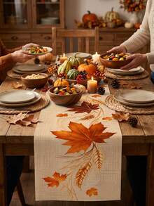 1pc Autumn Maple Leaf Table Runner, Wheat Ear & Autumn Leaf Plant Print Rustic Style Long Table Runner, Suitable For Thanksgiving Harvest Season Farmhouse Dining Table, Kitchen, Coffee Table, Family Gathering And Autumn Party Decor - Multicolor - View 2