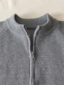 Boys' Stand Collar Full Zip Long Sleeve Knit Cardigan With Ribbed Texture And Raglan Sleeves, Simple Casual Versatile Knit Jacket For School And Daily Wear In Autumn/Winter - Grey - View 4