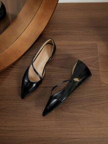 New French Style Pointed Toe Thin Strap Side Cutout 3cm Hidden Height Increase Flat Ballet Shoes Soft Sole Slip-On Mary Jane Shoes For Office Commute - Black - View 4