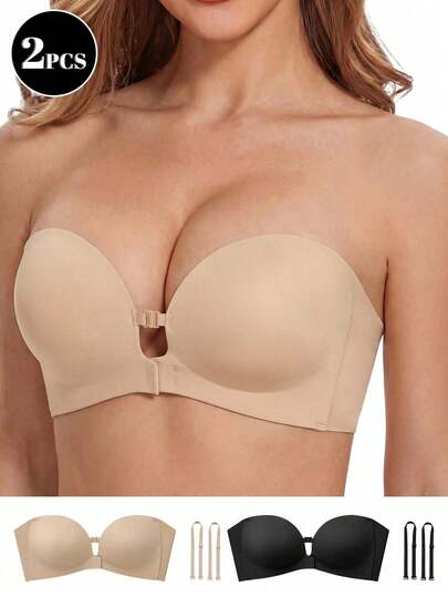2pcs Womens Strapless Front Closure Bra Push Up Padded Add Cup Non Slip Wireless Supportive Seamless Comfortable Tube Jelly Bra A B C Cup#SummerVibe