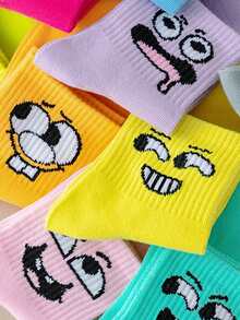 10 Pairs Random Mixed Color Kids Socks, Cartoon Cute Expression Pattern, Baby Boys & Girls, Japanese Style Versatile Mid-Calf Socks For Children & Teens - Multicolor - View 6