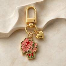 1pc/5pcs Unisex Alloy Oil Drop Bonsai Plant Pendant Keychain 3D Heart Charm Plant Series Bag Accessory,Bag Charms - Multicolor - View 9