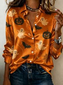 Women's Halloween Pumpkin Ghost Bat Print Satin Shirt Button Up Long Sleeve Casual Blouse For Fall - 萬聖節1 - 查看 1